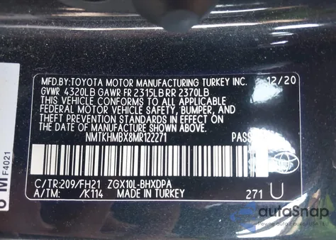 2021 Toyota C-Hr Le from USA, damaged, VIN NMTKHMBX8MR122271